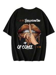 Nueva Camiseta de Verano Simple y Moderna con Estampado de Gesto de Mano con Taza de Café, Cuello Redondo y Manga Corta, Versátil y a la Moda para Mujer, 100% Algodón - Negro 1 - Ver 5