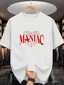 New Summer Collection MANIAC Classic Letter Print T-Shirt, Casual, Elegant, Short Sleeve, Elastic, Crew Neck, Comfortable And Breathable. Loose, Casual And Versatile T-Shirt. - 白色的 - 查看 1