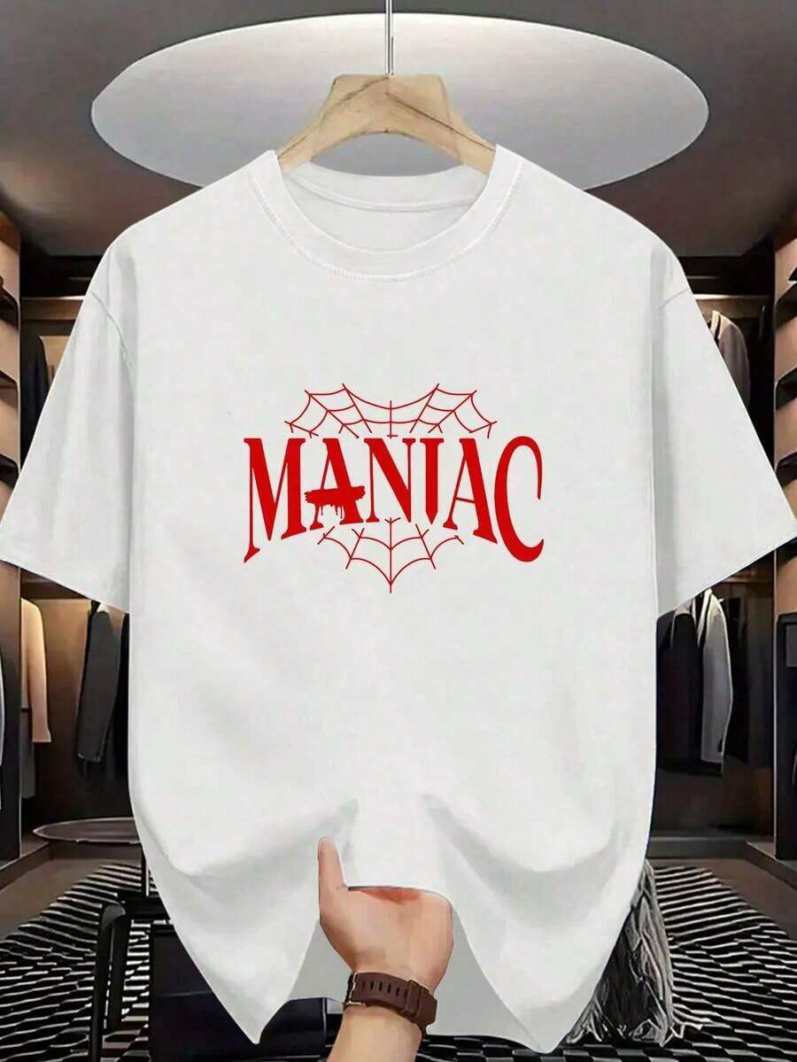 New Summer Collection MANIAC Classic Letter Print T-Shirt, Casual, Elegant, Short Sleeve, Elastic, Crew Neck, Comfortable And Breathable. Loose, Casual And Versatile T-Shirt. - 白色的 - 查看 1