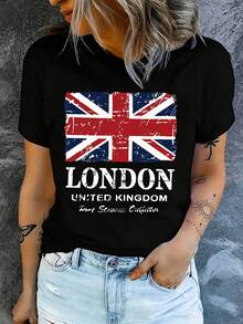 Fashionable Graphic T-Shirt With The Flag Of The City Of London, United Kingdom, With Printed Design, Casual Short Sleeve Round Neck Top For Summer And Spring, Cotton T-Shirt For Women. - 黑色 - 查看 7