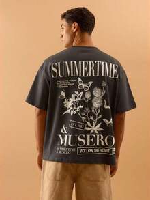 Camiseta de manga corta con estampado gráfico de eslogan "TASTE THE HEAT" de gran tamaño y espalda ancha, esencial para primavera y verano - Negro - Ver 8