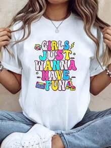 Casual Graphic Women's Short Sleeve T-Shirt, Girls Just Wanna Have Fun Colorful Graphic Print Top, Casual Summer Top, Comfortable Fabric, Perfect Gift, Bohemian T-Shirt, Blouses For Women - 白色 - 查看 7
