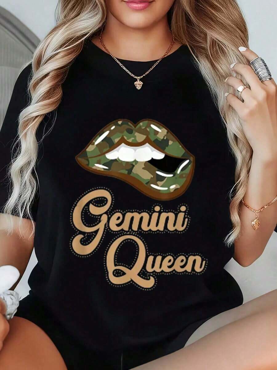 Casual Wear Unisex T-Shirt With Camouflage Lips Graphic Print And Gemini Queen, Round Neck, For Casual Wear, Party Outfits, Daily Fashion, Gift For Family And Friends, Elegant Style For All Four Seasons, Comfortable Everyday Wear, Bohemian T-Shirt, Blouses For Women>Shirt - 黑色 - 查看 1