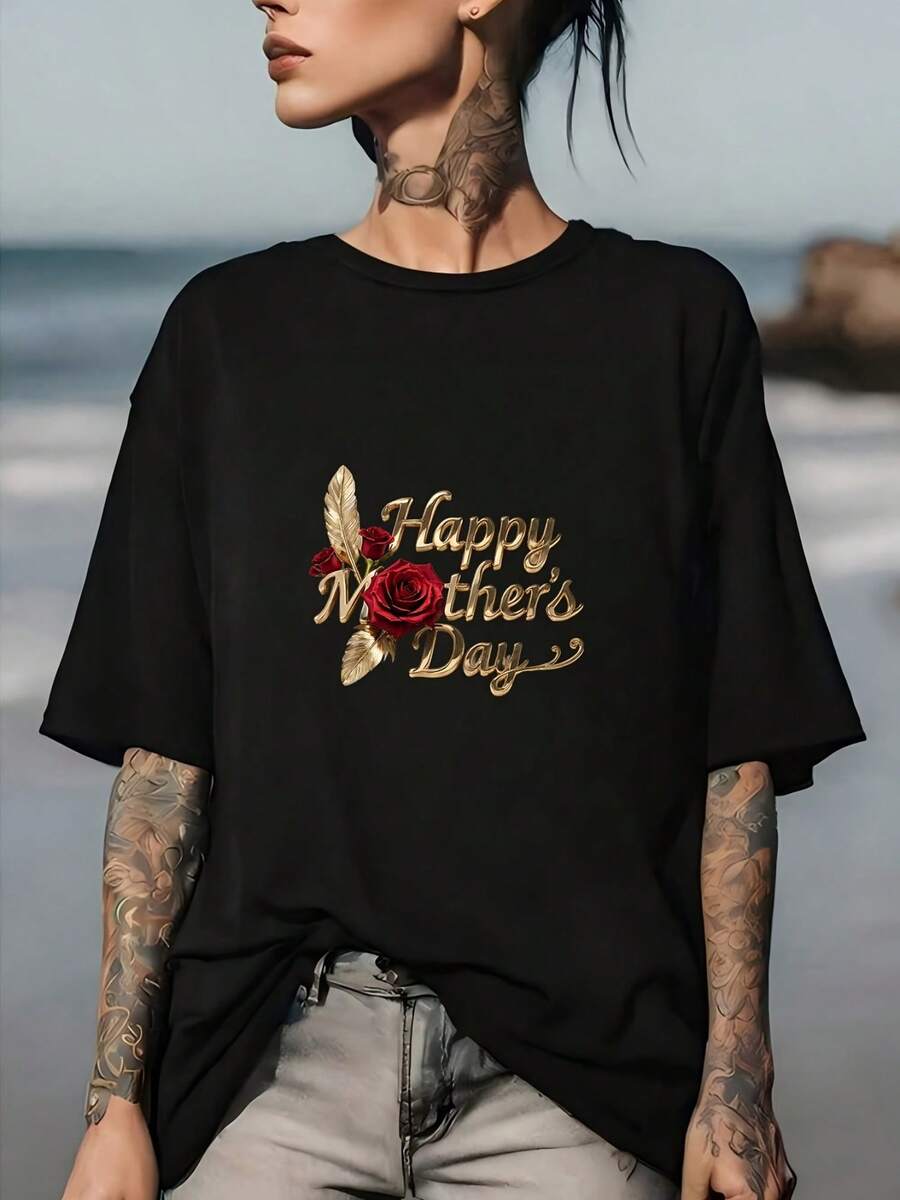Camiseta Casual Rosa Dorada para el Día de la Madre, adecuada para regalos familiares en días festivos, ropa de equipo de oficina de verano, estilo básico universal. - Negro - Ver 1