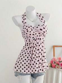 Top de tirantes con estampado de lunares marrones y detalle de nudo en la espalda para mujer, adecuado para verano, vacaciones de primavera, ceremonia de graduación, fiesta de boda, vacaciones elegantes, playa casual, estilo Y2K lindo y sexy y - Rosa - Ver 3