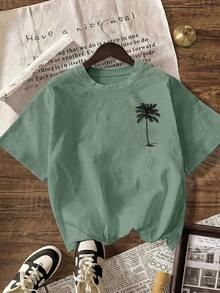 Women's Short-Sleeved T-Shirt With Round Neck And Palm Print, Summer Beachwear For Vacation. - 綠色的 - 查看 3