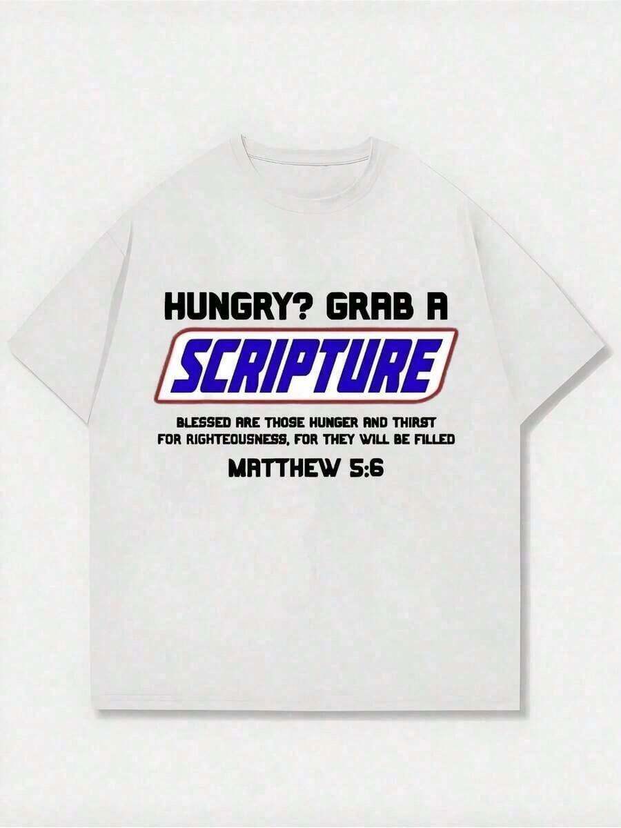 Perfect For Everyday Wear. Black T-Shirt With The Phrase "HUNGRY?" "GRAB A SCRIPTURE" And Bible Verse Text. Casual Print, Comfortable And Versatile. 220g Pure Cotton Printed T-Shirt With Letter Pattern. Unisex Style, Crew Neck. Suitable For Casual Outings, Travel, Beach, School, Working From Home, And Weekend Activities. Comfortable And Stylish For Any Occasion. - 白色 - 查看 1