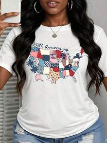 1 Piece Women's T-Shirt With Patchwork US Map Design For The 250th Anniversary, Patriotic American Flag Pattern, White Crew Neck, Casual Summer Top, Spring Clothing For Women, Summer Graphic Tees, Women's T-Shirts - 白色 - 查看 3