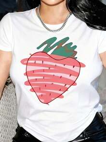 New Arrivals For Summer.Women'S Casual Crew Neck T-Shirt With Cartoon Strawberry Print, Short Sleeve, Slight Stretch Fabric, All-Season Top, Ladies T ShirtsBlouse,Shirt > Beautiful. - 白色 - 查看 1