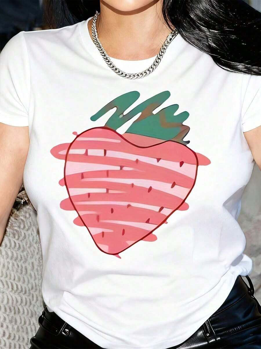 New Arrivals For Summer.Women'S Casual Crew Neck T-Shirt With Cartoon Strawberry Print, Short Sleeve, Slight Stretch Fabric, All-Season Top, Ladies T ShirtsBlouse,Shirt > Beautiful. - 白色 - 查看 1