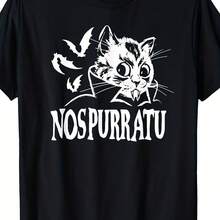 Nos-Purr-Atu Vampire Kitty Cat Gothic T-Shirt For Men And Women - 220 G/M² High Density Pure Cotton With Retro Vampire Kitten Print With Bats And Nosferatu Inspiration - Clothing For Gothic Horror Fans, Unisex T-Shirt - 黑色 - 查看 6