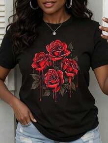 Women's Round Neck T-Shirt For Valentine's Day, With Red Rose Print, Casual Style For Everyday Wear And Romantic Occasions - Urban Vintage Style, Unisex, Cotton, Short Sleeve, Round Neck. - 黑色 - 查看 6