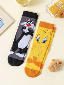 Noctvar OBM Sleepwear X LOONEY TUNES 2 pares de calcetines de media caña para hombre con estampado de gato y hermano, diseño de dibujos animados de Looney Tunes, calcetines deportivos casuales y versátiles de verano, resistentes al olor y absorbentes de sudor, con estampado de conejo loco, adecuados para estudiantes/adultos como regalo y uso diario, estilo de pareja - Multicolor - Ver 4