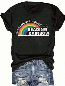 Women's Fitted T-Shirt With Y2K Print And Crew Neck - Plus Size - Red T-Shirt For Women - Rainbow Graphic Design T-Shirt For Reading And Books - Casual Everyday T-Shirt For Teachers And Book Lovers - Valentine's Day And Back-To-School Outfit - Soft Everyday T-Shirt, Teacher's Clothing, Fun Design, Comfortable Fit - Summer Festival Fashion, Heavyweight Cotton T-Shirt For Adults - 黑色 - 查看 6