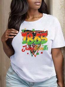 Women's Printed Round Neck T-Shirt, 1865 Juneteenth Celebration Design, Party And Festival Outfits, Everyday Casual Wear. - 白色 - 查看 5