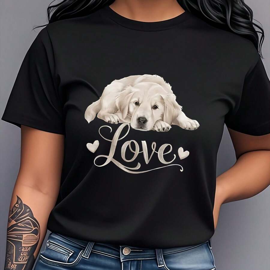Women's T-Shirt With Golden Retriever Dog Print - Soft Pink Casual Short Sleeve Crew Neck "Love" Design, Lightweight Polyester For Casual Wear, Parties, Dates And Gifts, Dog T-Shirts, Party Outfits, Playful Design, Comfortable Fit - 黑色 - 查看 1
