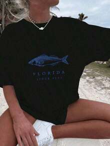 Women's Casual Printed T-Shirt, Florida Fishing Trip, 100% Cotton, 1 Piece, Fashionable Graphic Print T-Shirt, Comfortable And Soft Style, 100% Cotton - 黑色 - 查看 5