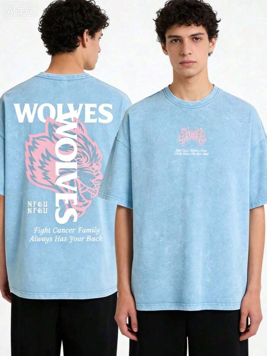2026Darc Wolf Print Vintage Washed Men's T-Shirt, Perfect For Fitness And Weight Training, Loose Summer Gym T-Shirt, Suitable For Workouts. Loose And Comfortable, Casual And Easy To Wear, High-Quality Wax Printed Cotton Retro Fashion Brand T-Shirt, Men's T-Shirt, Beach Must-Have, Men's Summer T-Shirt, Holiday Gift, Perfect Gift, Valentine's Day Gift Graphic Tees - 淺藍色 - 查看 1