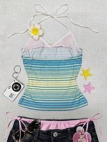Este top deportivo sin espalda con estampado contrastante para mujer es perfecto para viajes a la isla, salidas a la playa, vacaciones, uso diario, festivales de música, fiestas y otras ocasiones. - Multicolor 11 - Ver 2