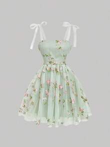 MOD Vestido sencillo de uso diario para mujer con decoración de malla y adornos bordados, vestido bohemio casual para dama con contraste de malla, bordado, tirantes anudados, ajuste regular, vestido corto con mariposa azul, colorblock, floral, plantas, camiseta, vestidos cortos de mujer, primavera/verano, uso casual diario - verde menta - Ver 5