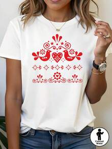 Pure Cotton T-Shirt, Pleasant To The Touch, Comfortably Loose, With Casual Print For Women, Short Sleeve Top, Women's T-Shirt With Bird And Red Heart Motif, Double Bird And Red Heart Decoration, Casual Short Sleeve, Romantic And Exquisite Red And White Top For Daily Wear On Valentine's Day. - 白色 - 查看 1