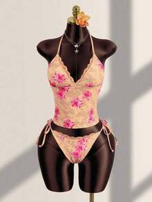 Conjunto de bikini de dos piezas con estampado floral tropical, parte superior tipo bandeau con tirantes atados y detalles de encaje para mujer, ideal para vacaciones de verano y playa - Albaricoque - Ver 1