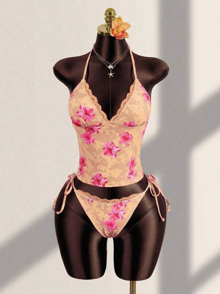 Conjunto de bikini de dos piezas con estampado floral tropical, parte superior tipo bandeau con tirantes atados y detalles de encaje para mujer, ideal para vacaciones de verano y playa - Albaricoque - Ver 1