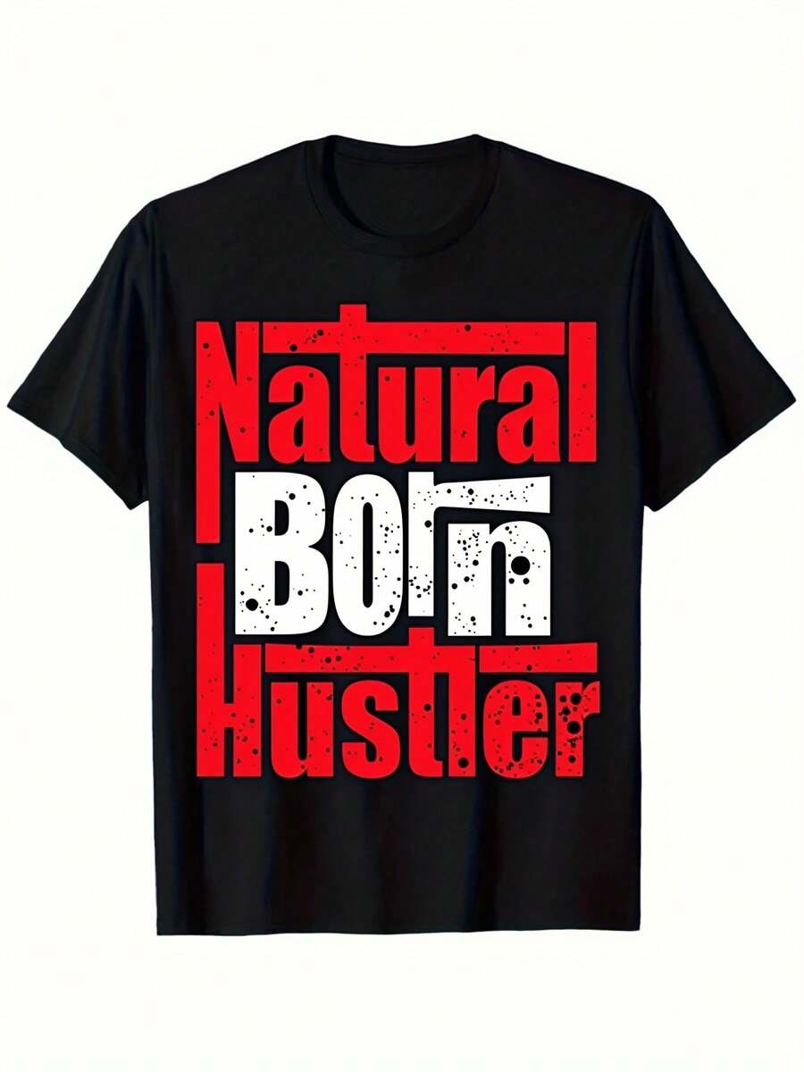 Unisex Graphic T-Shirt For Men "Natural Born Hustler" Black With Red Letters, Urban Style, Relaxed Fit, Breathable, Crew Neck, Short Sleeve, Casual For Daily Use, Retro Casual Short Sleeve Crew Neck Print T-Shirt, A Suitable Garment For Home, Daily Use, Parties And Travel - Perfect As A Gift For Friends Or Family. - 黑色 - 查看 1