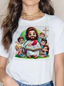 Women's Short-Sleeved T-Shirt With Cartoon Print Of Jesus Father And Son, Conventional Version, With Pro-Skincare Technology, Breathable, Soft And Comfortable Fabric, Suitable For All Four Seasons, With A Casual Round Neck For Everyday Wear. - 黑色 - 查看 8