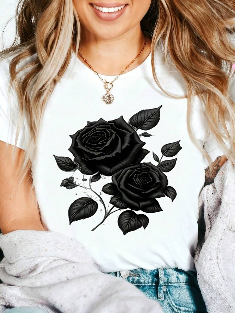 Edgy Black Roses Graphic T-Shirt, 100% Cotton Oversized Soft Breathable Casual Crewneck Short Sleeve Top, Romantic Aesthetic Summer Vibes Tee For Women & Flower Lovers - 白色 - 查看 1