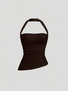 Camiseta de mujer de cuello halter liso, casual para uso diario estilo Y2K - Café integral - Ver 6