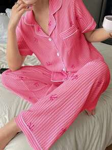Conjunto de pijama para mujer con estampado de lazo a rayas en rosa, de manga corta y cuello solapa - Rosa Fucsia - Ver 5