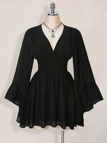 Vestido Unicolor Azul Marino – Mini, Manga Larga Farol, Cintura Fruncida con Falda Acampanada, Estilo Occidental para Primavera y Verano - Negro - Ver 5