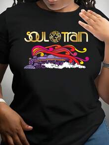 Women's Casual T-Shirt With Soul Train Graphic - Colorful And Vibrant Print, Round Neck, Short Sleeves, Comfortable For All Seasons, Comfortable Fit Hip-Hop Streetwear Top - 黑色 - 查看 1