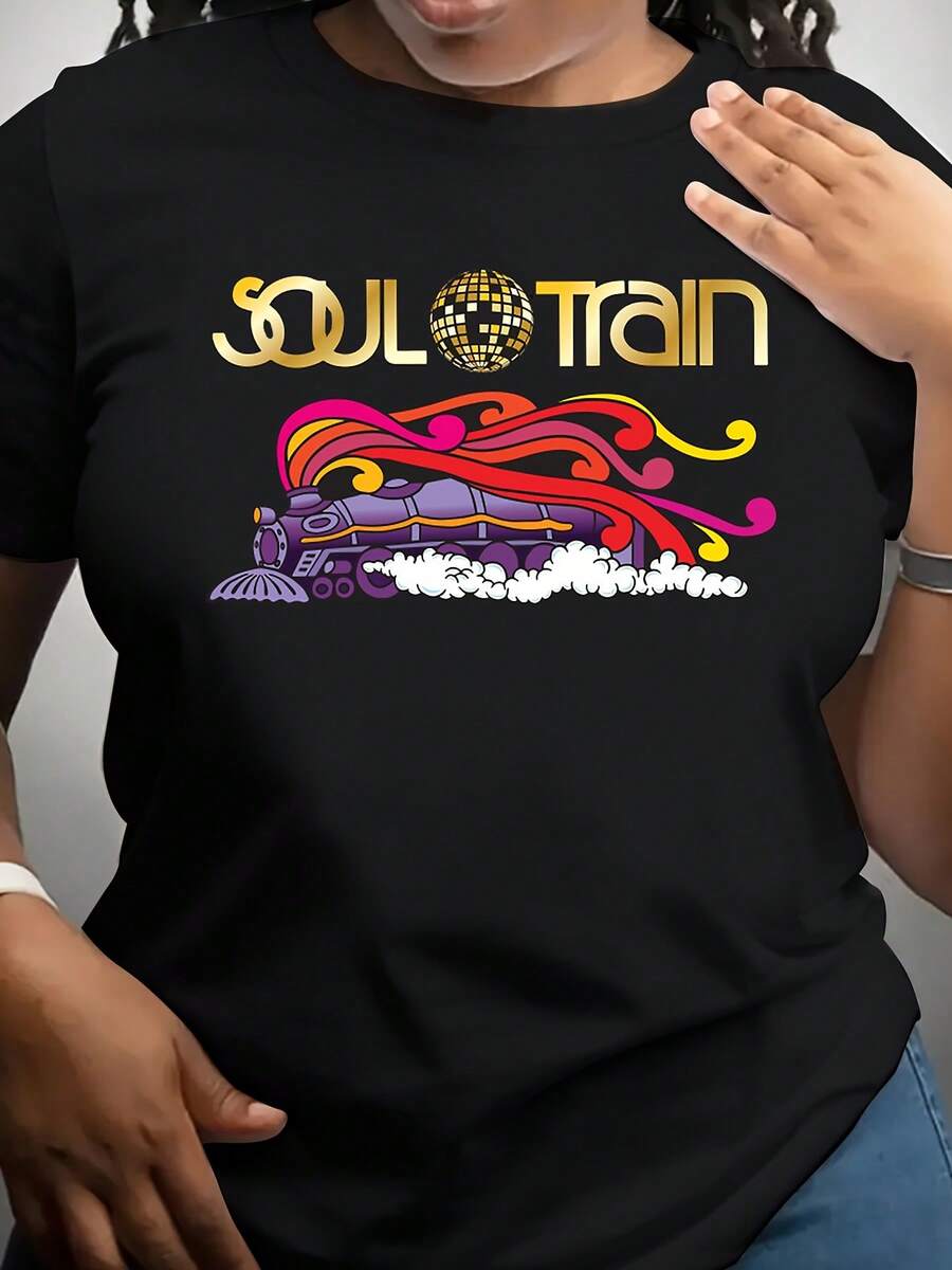 Women's Casual T-Shirt With Soul Train Graphic - Colorful And Vibrant Print, Round Neck, Short Sleeves, Comfortable For All Seasons, Comfortable Fit Hip-Hop Streetwear Top - 黑色 - 查看 1