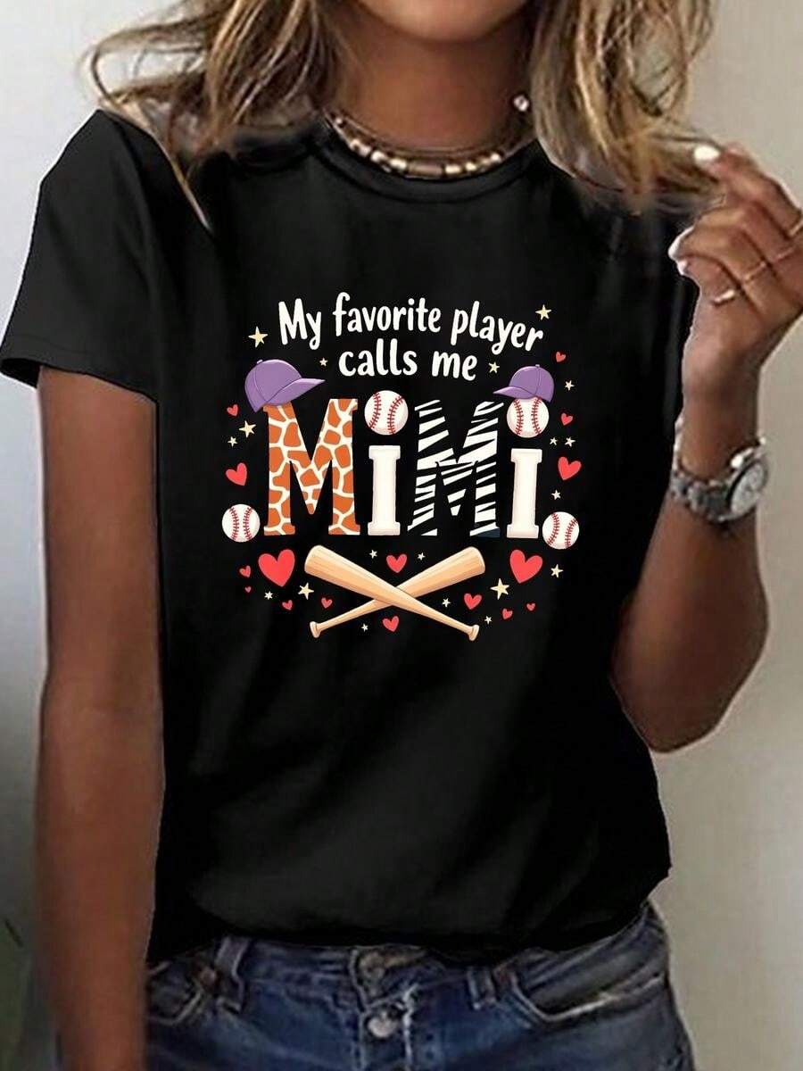 A Classic And Versatile Piece, This Pure Cotton Short-Sleeved T-Shirt Is Ideal For Any Season. Featuring A Print Of Mi Mi, The Women's Favorite Player, It Offers A Modern And Stylish Look. - 黑色 - 查看 1