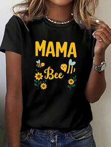 1 Piece, Classic And Versatile Pure Cotton Short-Sleeved T-Shirt, Suitable For Any Season, With Adorable Bee And Flower Design For Women, Modern Style - Black - View 1