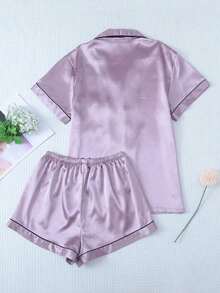 Conjunto de pijama de 2 piezas con camisa de manga corta con solapa y pantalones cortos con moño, ropa de dormir para mujer, conjunto de dos piezas - Lila Púrpura - Ver 2