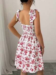 Nuevo vestido de línea A con lazo en el hombro y cintura, estampado floral diminuto, elegante y casual para vacaciones, con silueta favorecedora - Rojo - Ver 2