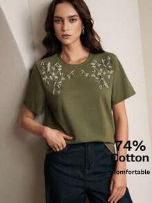 Elegante Blusa Corta de Manga Corta con Bordado de Cuentas 3D, 74% Algodón, para Primavera/Verano - Verde - Ver 6
