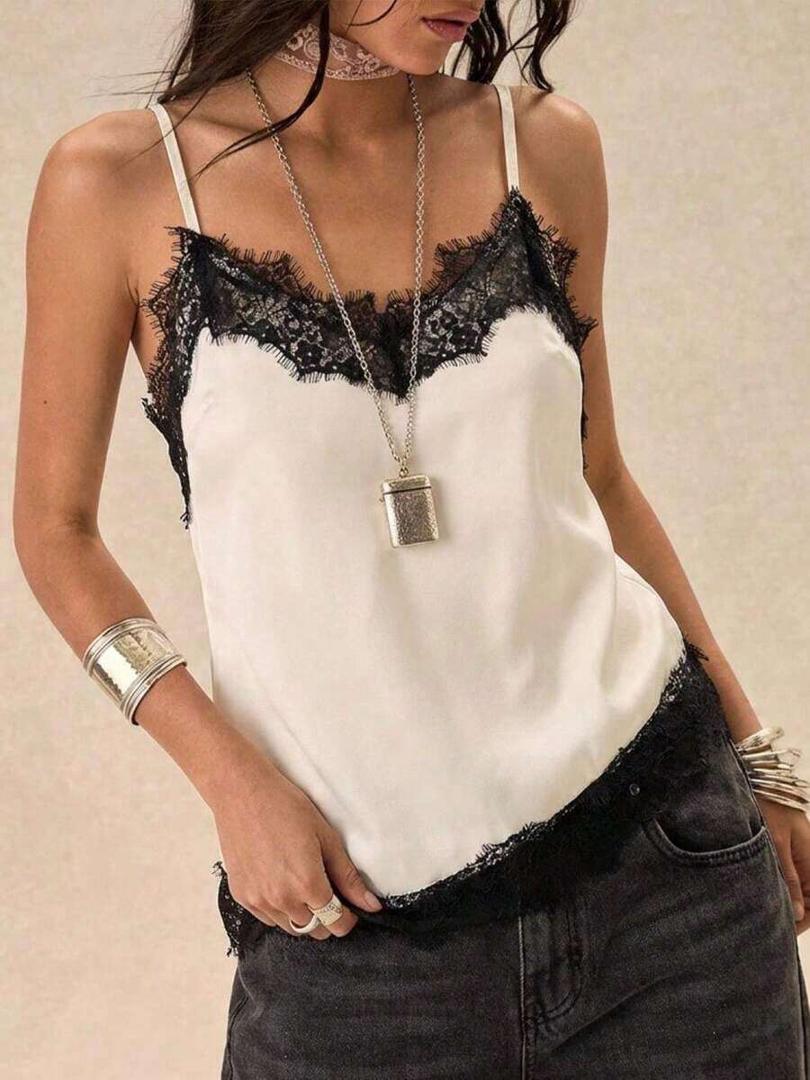 2026 Nueva blusa elegante de encaje satinado brillante color borgoña, camisola con ribete de encaje adecuada para primavera/verano; camisa elegante adecuada para fiesta, primavera, Navidad, Año Nuevo; elegante camisola de satén, blusa superior de mu - Rojo y blanco - Ver 1