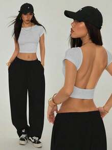 Camiseta negra con espalda abierta, adecuada para talla pequeña, para verano - Gris Claro - Ver 10
