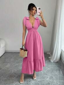 Elegante vestido sin mangas con escote en V y lazo en la cintura, vestido de verano azul para vacaciones de damas - Rosa Fucsia - Ver 3