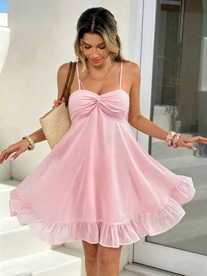 Women's Solid Color Spaghetti Strap Mini Dress, With Twist Bust Design And Ruffle Hem, Tie Back, Suitable For Dates, Music Festivals, Beach Vacations And Casual Daily Wear