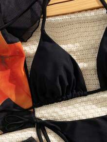 Conjunto de bikini de 4 piezas/set con top de manga corta de tela de malla con estampado floral sexy y elegante, Bottom de traje de baño con lazos laterales, tela de estiramiento medio, adecuado para vacaciones, playa, actividades en la piscina, fiestas en la playa, verano - Multicolor - Ver 8