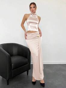Top de satén sin espalda con cuello alto para mujer, ideal para fiestas - Albaricoque - Ver 5