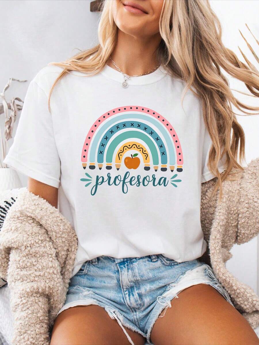 Spring-Summer Casual T-Shirt With Spanish Letter Print, Short-Sleeved Sports T-Shirt With Round Neck, Women's Top, A Very Distinctive Printed T-Shirt / Unisex Style / Suitable For Both Men And Women / Wrinkle Resistant / Breathable. - 白色 - 查看 1