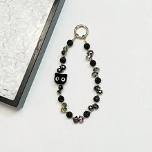 奢华时尚水晶串珠球手机挂绳，配黑色猫链、透明卡套、腕带、个性化手机挂绳，适用于相机、包包、钥匙链 - 黑色 - 查看 9
