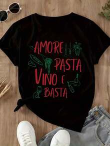 1 Piece Italian Food Lovers T-Shirt "Amore Pasta Vino E Basta" For Women, White, Casual, With Pasta, Wine And Love Design, 180g, 100% Cotton. - 黑色 - 查看 4