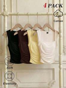 Conjunto de 4 piezas de top de tirantes ajustado y fruncido de cuello cuadrado de varios colores para mujer.Top corto sin mangas en negro, burdeos, marrón y blanco.Elegante y romántico para vacaciones, fiestas, ceremonias, playa, salidas casua - Multicolor 3 - Ver 2